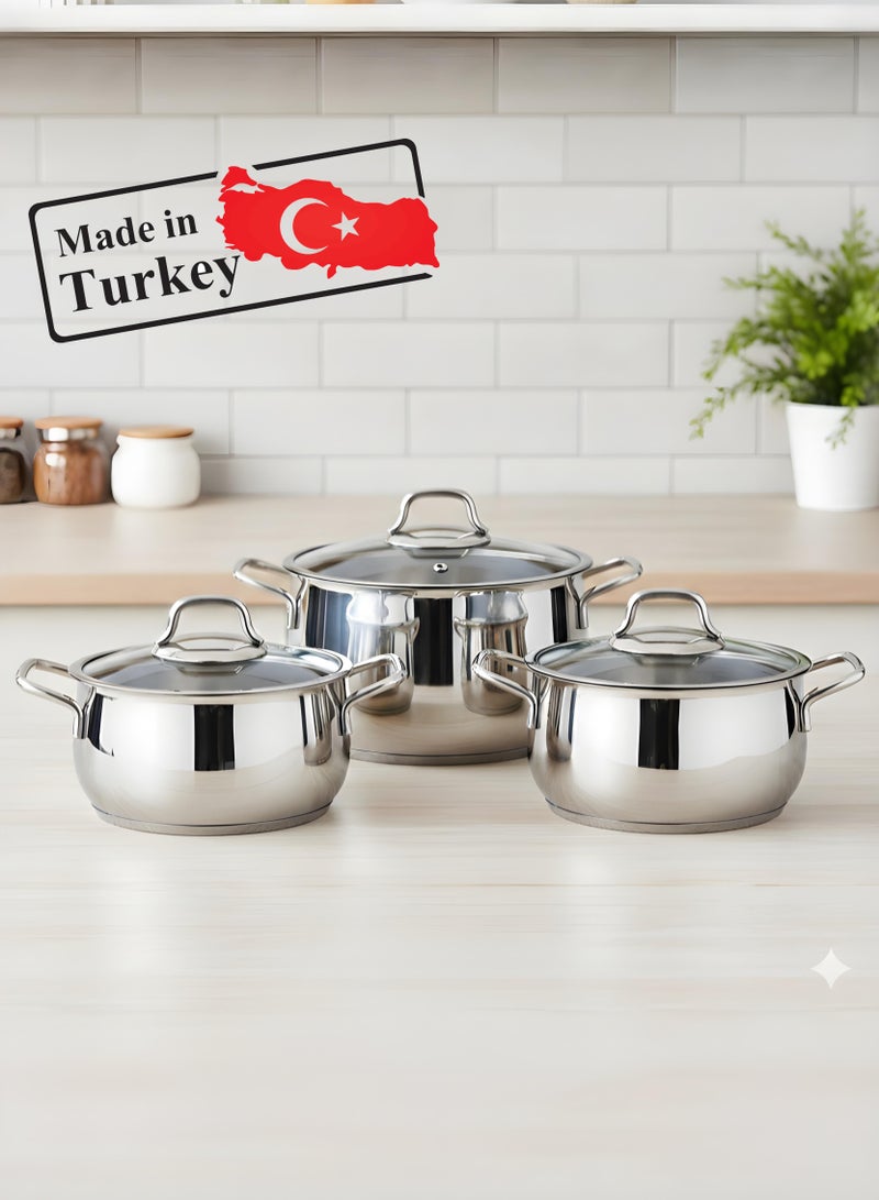 توب شيف طقم أواني طهي تركية من إستانلس استيل 18/10 مكون من 6 قطع، مقاس 16+18+20 سم، لون فضي - Image 1